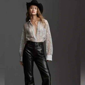 Anthropologie Metallic Lace Buttondown Shirt Oversized XS Silver Gray Tunic